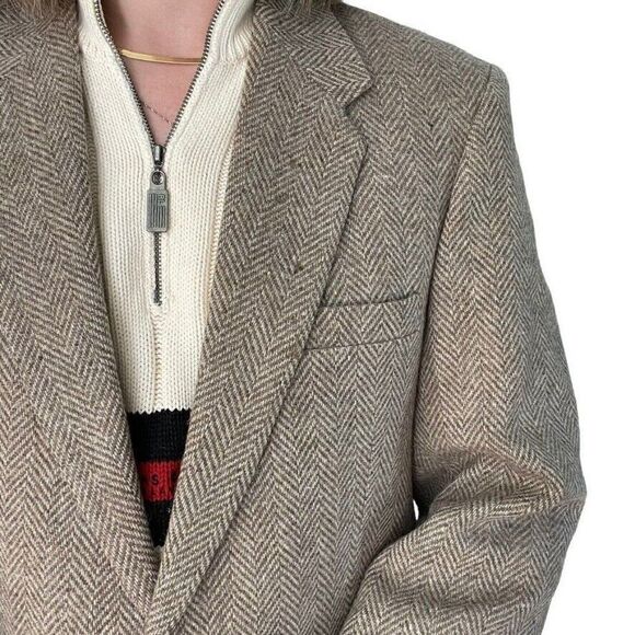 Farah Tan Brown Wool Herringbone Equestrian Preppy Sport Coat Blazer 40R - Picture 2 of 9